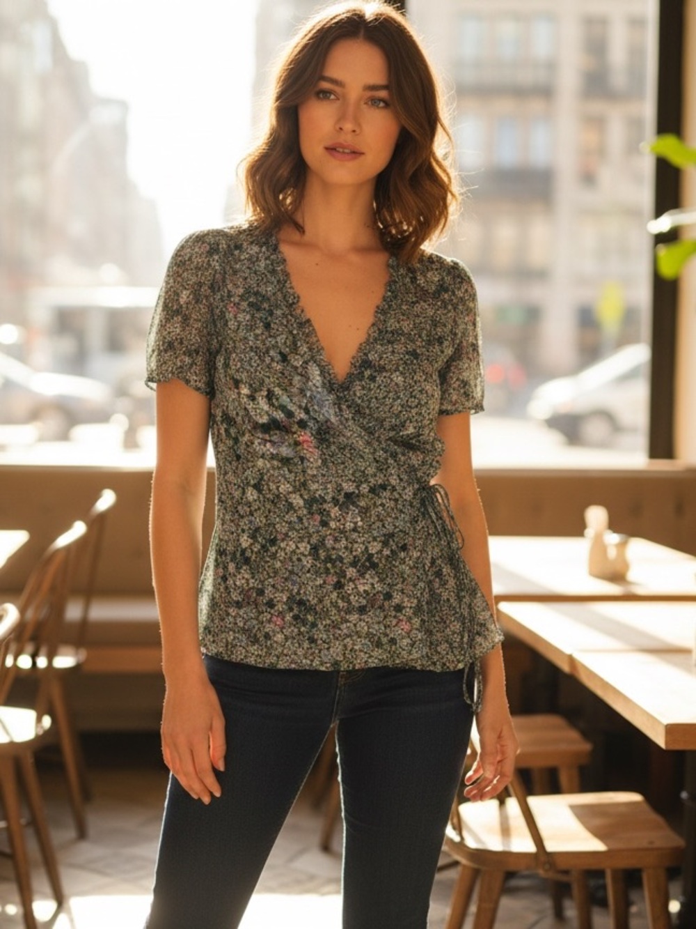 Zadig & Voltaire Green Floral Tie-Front Wrap Blouse